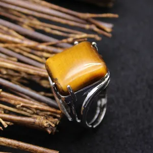 Classic square tiger eye stone adjustable ring with silver metal band for minimalist jewelry gift