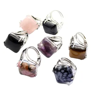 Set of adjustable square natural gemstone rings featuring tiger eye and amethyst stones.