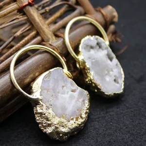 Natural Irregular Agate Geode Pendant With Gold Plated Edge Retro White Druzy Raw Stone Sweater Chain Necklace For Women Jewelry