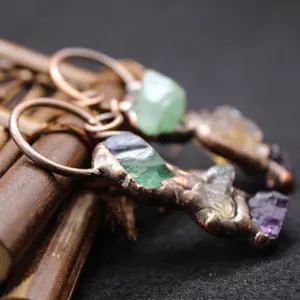 Pendente artigianale in rame con cristalli irregolari di fluorite verde e citrino