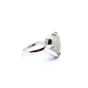 Close-up detail of a heart-shaped stone ring with a polished silver finish