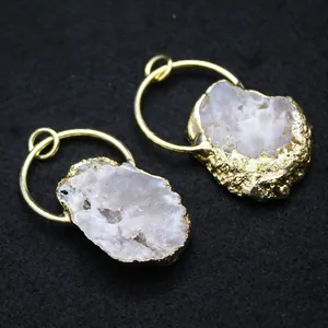 Irregular natural agate geode pendant with gold-plated edges for jewelry making