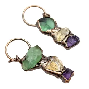 Pendente in rame rustico con cristalli irregolari di fluorite verde e citrina