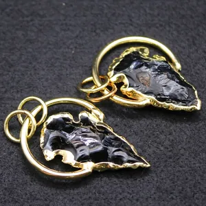 Vintage 24K Vergulde Ruwe Obsidiaan Pijlpunt Hanger Ketting Voor Mannen Vrouwen Natuursteen Etnische Boho Sieraden