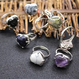 Heart Shaped Natural Stone Adjustable Ring For Women Vintage Minimalist Goldstone Amethyst Rose Quartz Fashion Jewelry Open Finger Ring Gift