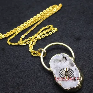 Natural druzy quartz agate slice irregular pendant necklace with gold-plated chain