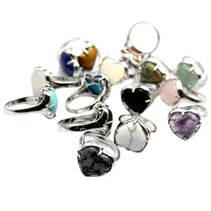 Elegant collection of heart-shaped natural stone rings in various vibrant colors for women.