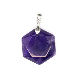 Close-up detail of the amethyst crystal pendant with hexagonal Star of David shape