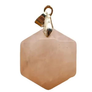 Hexagonal natural rose quartz pendant with Star of David design and silver bail