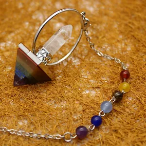 Healing seven chakra natural stone pyramid with hexagonal crystal pendulum on silver chain