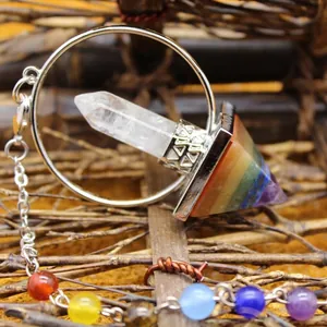 Spiritual seven chakra natural stone pyramid with hexagonal crystal pillar pendulum necklace