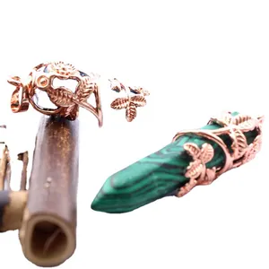 Rose gold flower filigree wrapped hexagonal malachite crystal column pendant necklace