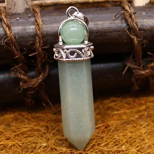 Natuurlijke Aventurijn Jade zeshoekige kolom hanger ketting met zilveren detail