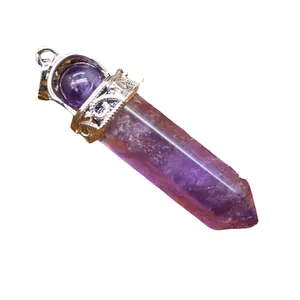 Elegante amethist paarse zeshoekige kristallen punt hanger ketting met zilveren kap