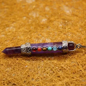 Mooie amethist zeshoekige chakra hanger met zeven edelstenen en zilveren zetting