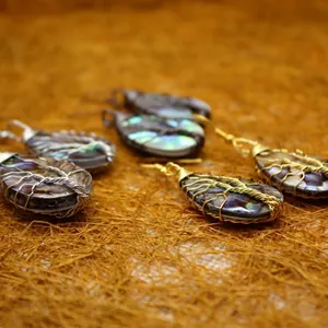 Boucles d'oreilles arbre de vie en nacre d'abalone en forme de goutte d'eau