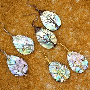 Boucles d'oreilles gouttes en nacre d'abalone avec motif Arbre de Vie en fil métallique