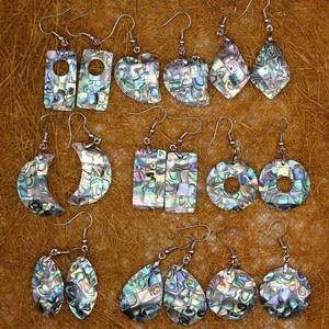 Boucles d'Oreilles en Mosaïque de Coquille d'Ormeau Naturelle pour Femmes Formes Géométriques Lune Cœur Rond Bijoux Ethniques