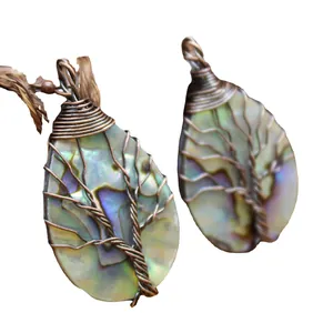 Boucles d'oreilles arbre de vie faites à la main en nacre d'abalone en forme de goutte