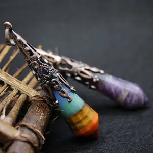 Vintage Hexagonal Stone Point Pendant Retro Alloy Hollow Flower Cap Natural Crystal Dowsing Pendulum For Necklace Jewelry