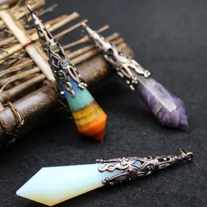 Retro dodecahedron crystal pillar pendulum pendant with intricate bronze metal filigree cap