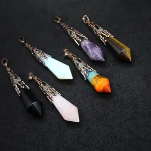 Vintage hexagonal crystal point pendulum pendants with antique bronze filigree caps set