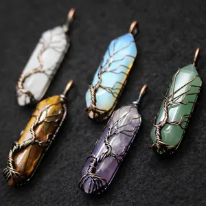 Colgante Vintage Árbol de la Vida Envuelto en Alambre Columna Hexagonal Piedra Natural Cristal Para Mujer Joyería Retro Bohemio Colgante Solo