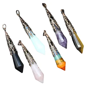 Assorted vintage hexagonal gemstone crystal column pendulum pendants with copper caps