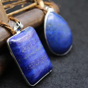 Ciondolo in Lapislazzuli Naturale Collana da Uomo Vintage Rettangolare a Goccia Pietra Blu Gioielli Con Castone Metallico