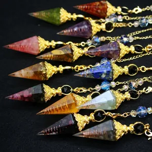 Baroque Court Style Orgonite Pendulum Hexagonal Cone Natural Stone Resin Crystal Energy Healing Ornament With Gold Alloy Chain