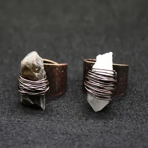 Anillo Vintage de Columna de Cristal Natural en Bruto para Hombres Mujeres Aleación de Bronce Envuelto en Alambre Cuarzo Ahumado