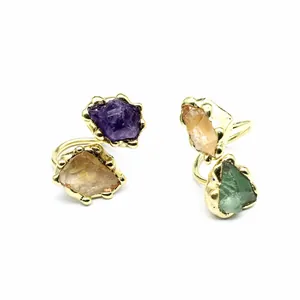 Anelli aperti placcati in oro stile medievale con ametista grezza e pietre di fluorite naturale