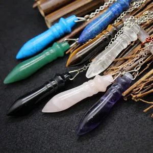 Collar de Colgante de Péndulo de Cetro de Cristal de Piedra Natural Amatista Cuarzo Rosa Lapislázuli Joyas de Curación Unisex