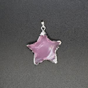Detailed view of the star-shaped pink opal pendant with a textured silver metal edge