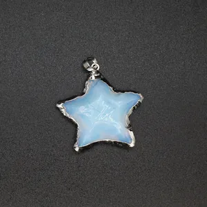 Detail macro view of a star-shaped blue opal pendant with silver textured edges.
