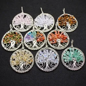 Handcrafted Tree Of Life Pendant Necklace Natural Stone Chips Clear Quartz Amethyst Wire Wrapped Bohemian Jewelry For Women