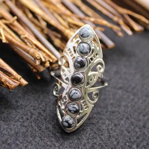 Vintage snowflake obsidian silver-plated adjustable shield ring for women