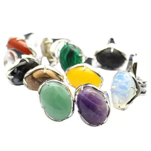 Large adjustable silver-tone rings with colorful oval semi-precious stone cabochons