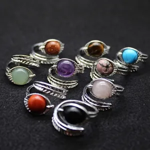 Vintage Medieval Exaggerated Feather Open Ring For Women Adjustable Bohemian Natural Stone Alloy Finger Ring Jewelry Gift
