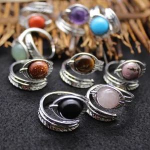 Vintage feather adjustable open rings set with colorful natural stones and turquoise