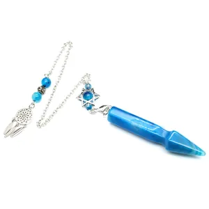 Blue banded agate crystal pendulum with dreamcatcher and hexagram star silver chain
