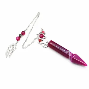 Elegant pink agate crystal pendulum with dreamcatcher and star charms on silver chain