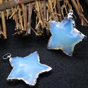 Minimalist star-shaped opalite stone pendant with silver jagged metal border decoration