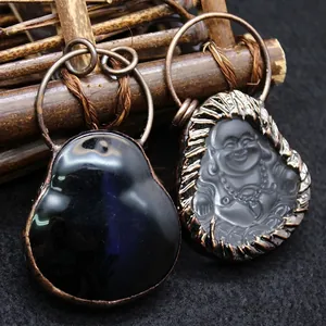 Collar colgante de Buda Maitreya en obsidiana y cristal blanco de estilo étnico vintage hecho