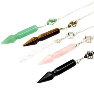 Hexagram crystal pendulum necklaces with aventurine, tiger's eye, and rose quartz.