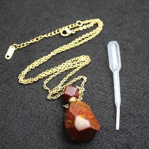Faceted red jasper aromatherapy bottle pendant necklace with gold chain and dropper