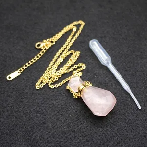 Elegant pink crystal aromatherapy perfume bottle pendant with gold chain necklace