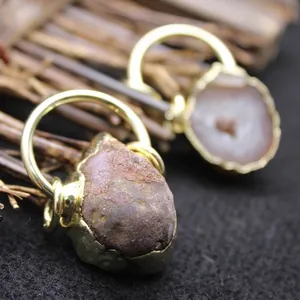 Natural Agate Geode Druzy Raw Stone Pendant Necklace Individual Vintage Gold Plated Thunder Egg Sweater Chain Women Jewelry Gift