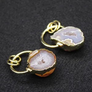 Natural druzy agate geode stone pendants with elegant gold plated edges for jewelry