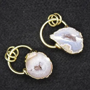 Pair of natural agate druzy geode pendants with gold plated frames for DIY jewelry